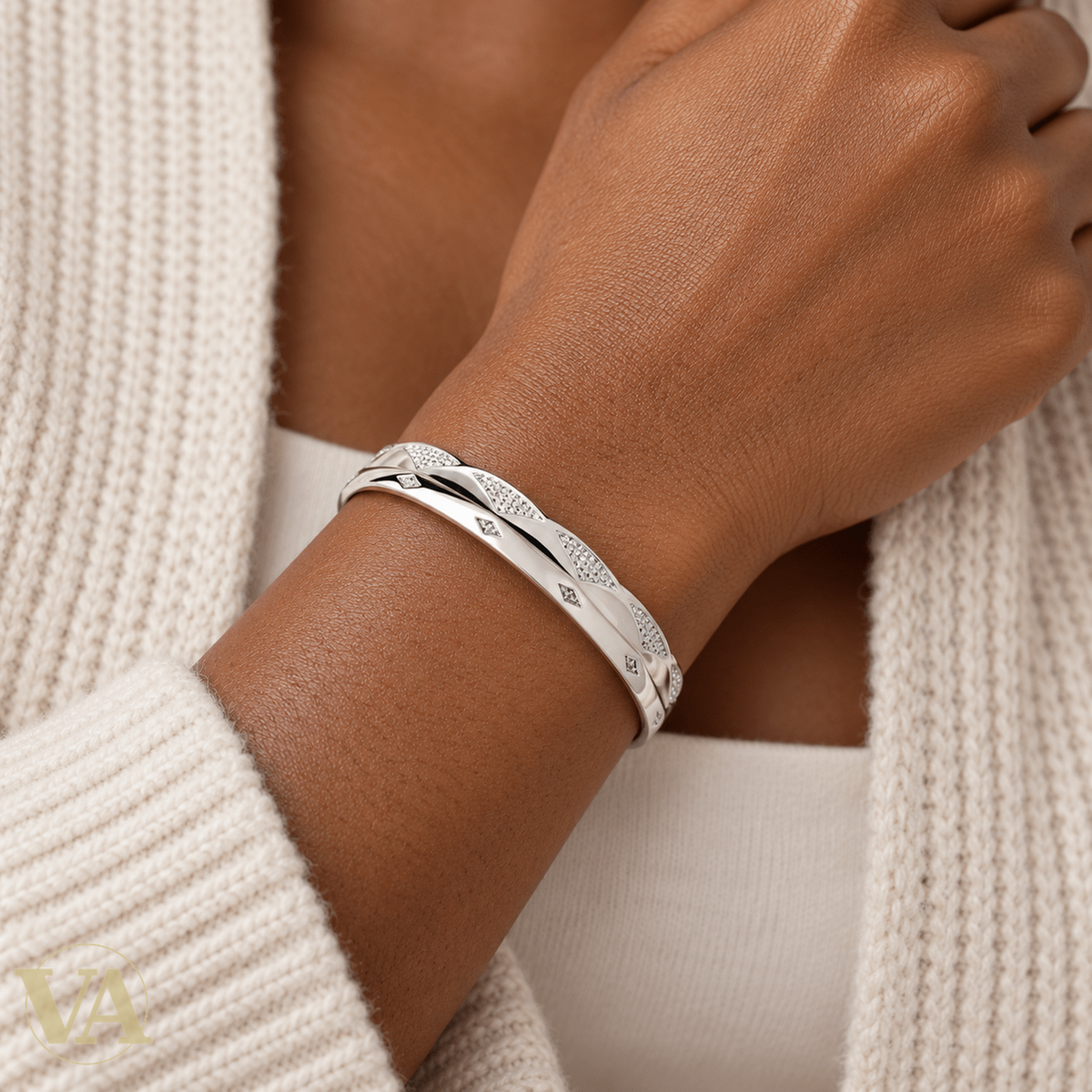 Jonc Femme Argent 925 Rhodié — Vagues Polies et Texturées - Argent 925 - Vindicta