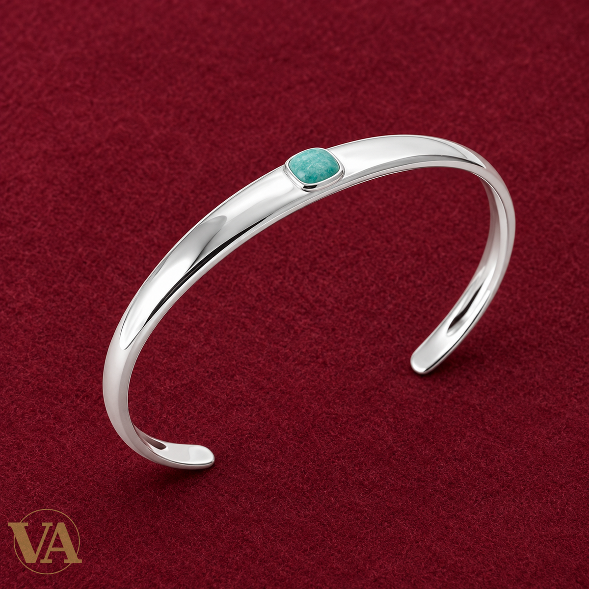Jonc Femme Argent 925 Rhodié — Amazonite Carrée — sur feutre bordeaux