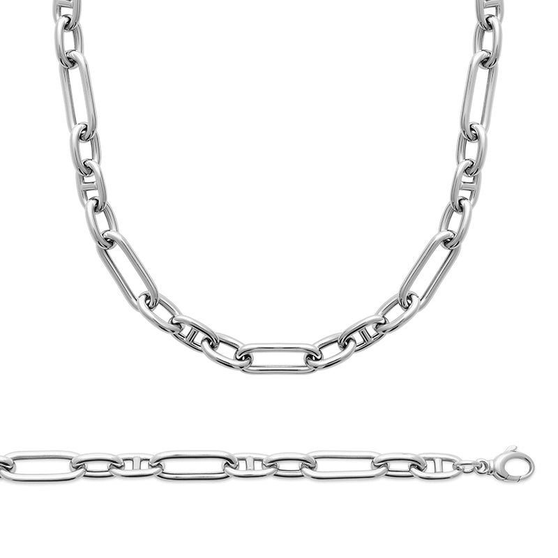 Collier femme argent 925 rhodié à maille alternée marine et allongée, détail du modèle