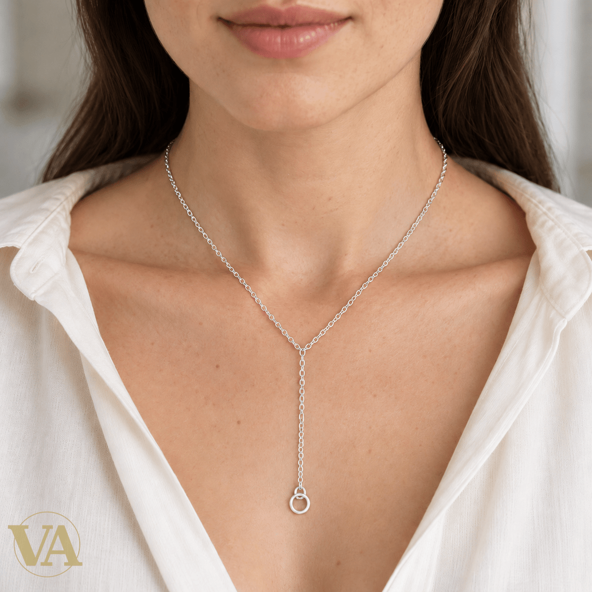 Collier femme argent 925 rhodié forme Y et anneau pendant 45 cm - Argent 925 - Vindicta