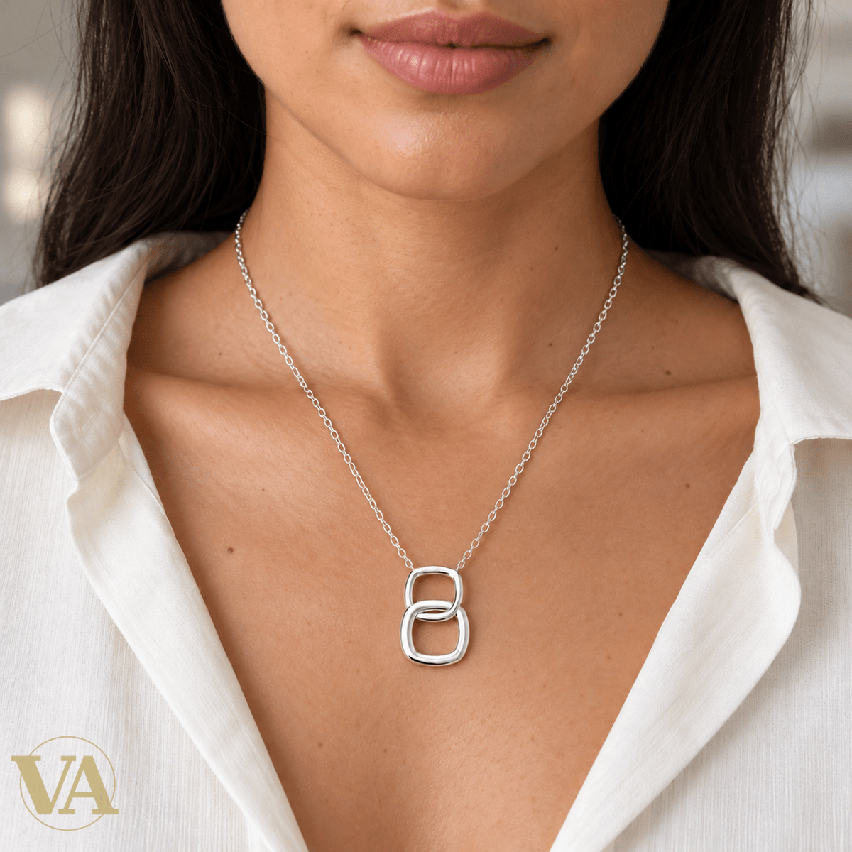 Collier femme argent 925 rhodié deux carrés arrondis entrelacés 45 cm - Argent 925 - Vindicta