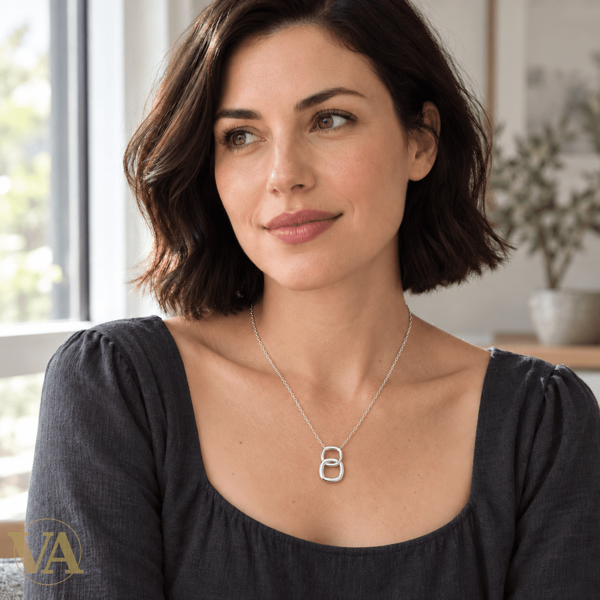 Collier femme argent 925 rhodié deux carrés arrondis entrelacés 45 cm - Argent 925 - Vindicta