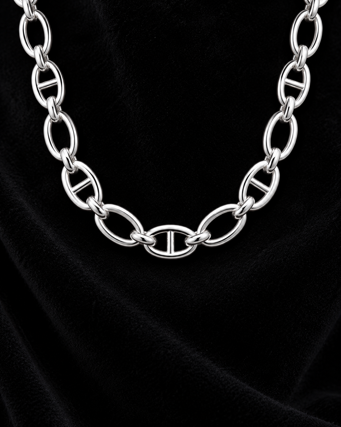 Collier femme à larges mailles ovales alternées argent 925, vue studio