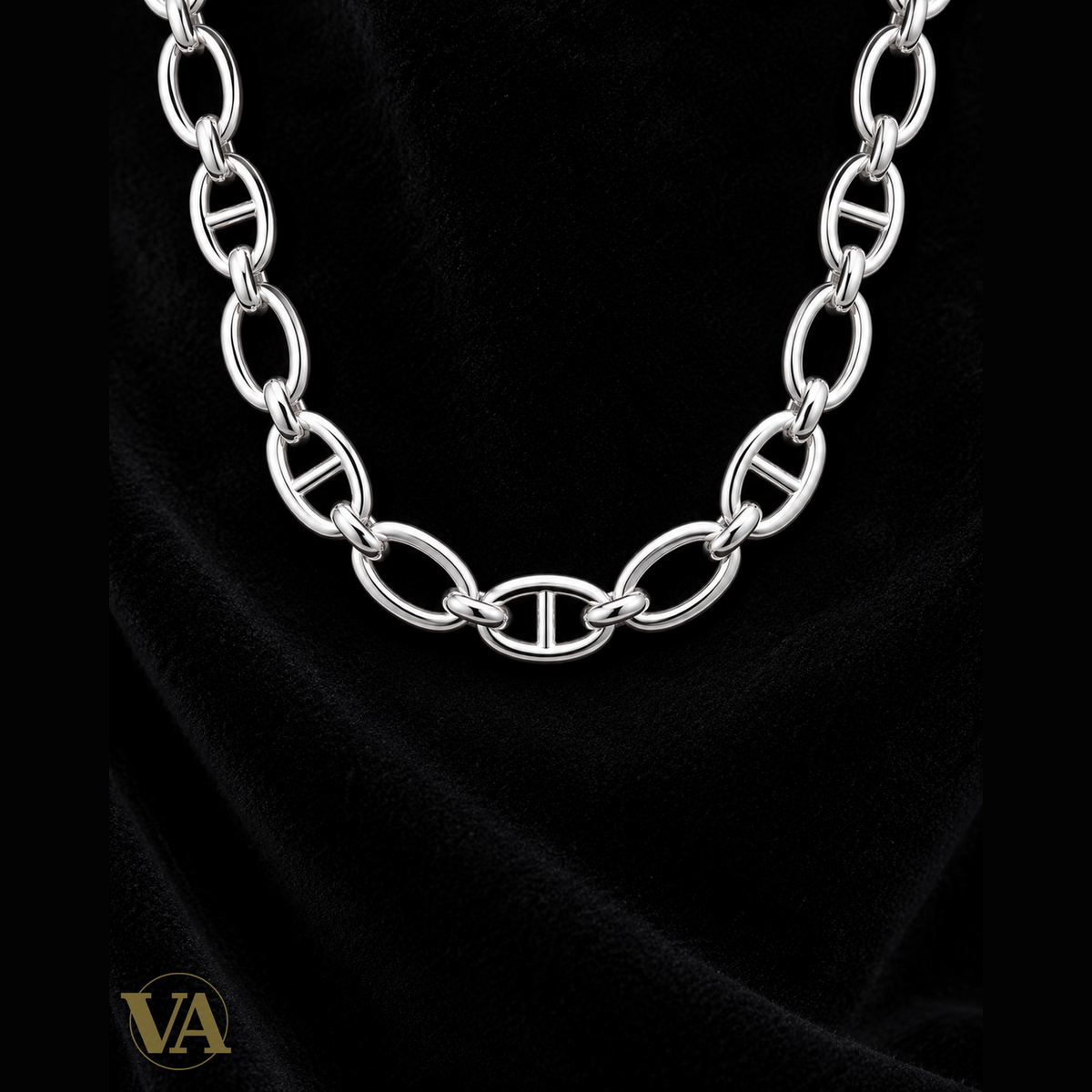 Collier femme à larges mailles ovales alternées argent 925, vue studio