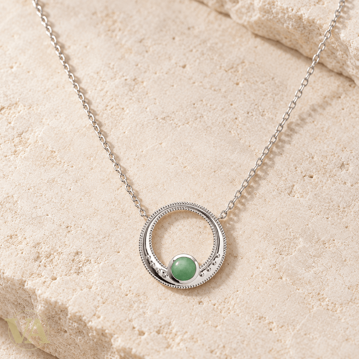Collier femme argent 925 rhodié aventurine verte et cercles texturés — 45 cm - Argent 925 - Vindicta