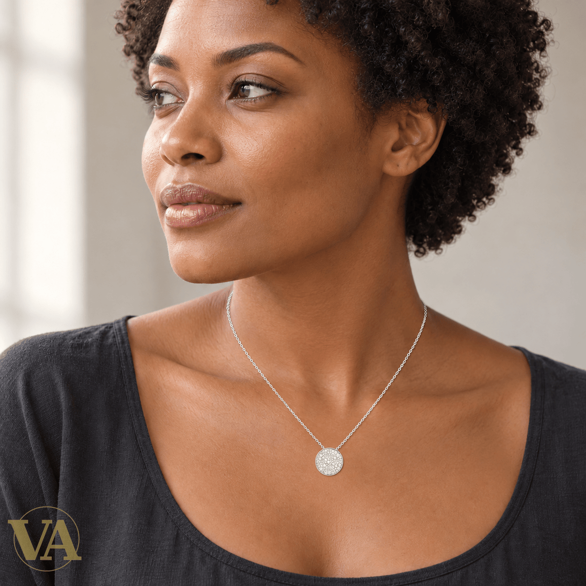 Collier femme argent 925 rhodié à disque pavé de zirconiums — 45 cm - Argent 925 - Vindicta