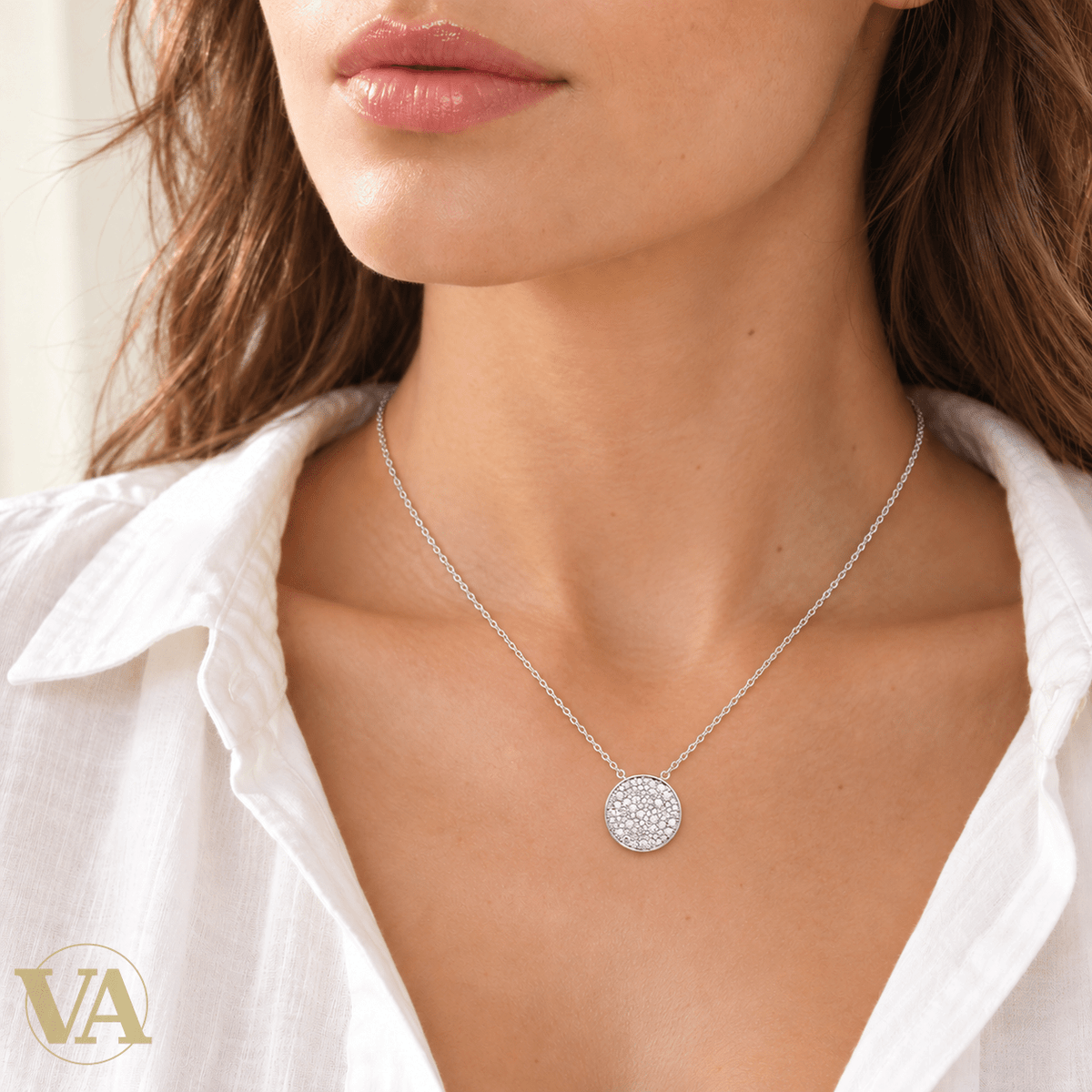 Collier femme argent 925 rhodié à disque pavé de zirconiums — 45 cm - Argent 925 - Vindicta