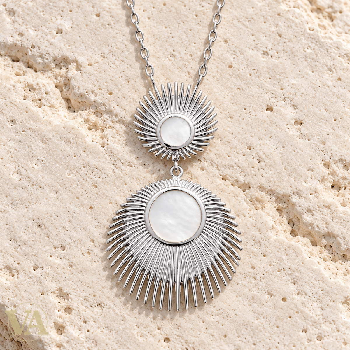 Collier femme argent 925 rhodié double soleil et nacre — 45 cm - Argent 925 - Vindicta