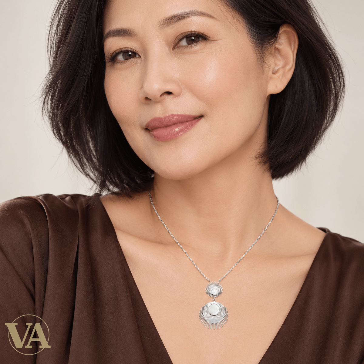 Collier femme argent 925 rhodié double soleil et nacre — 45 cm - Argent 925 - Vindicta