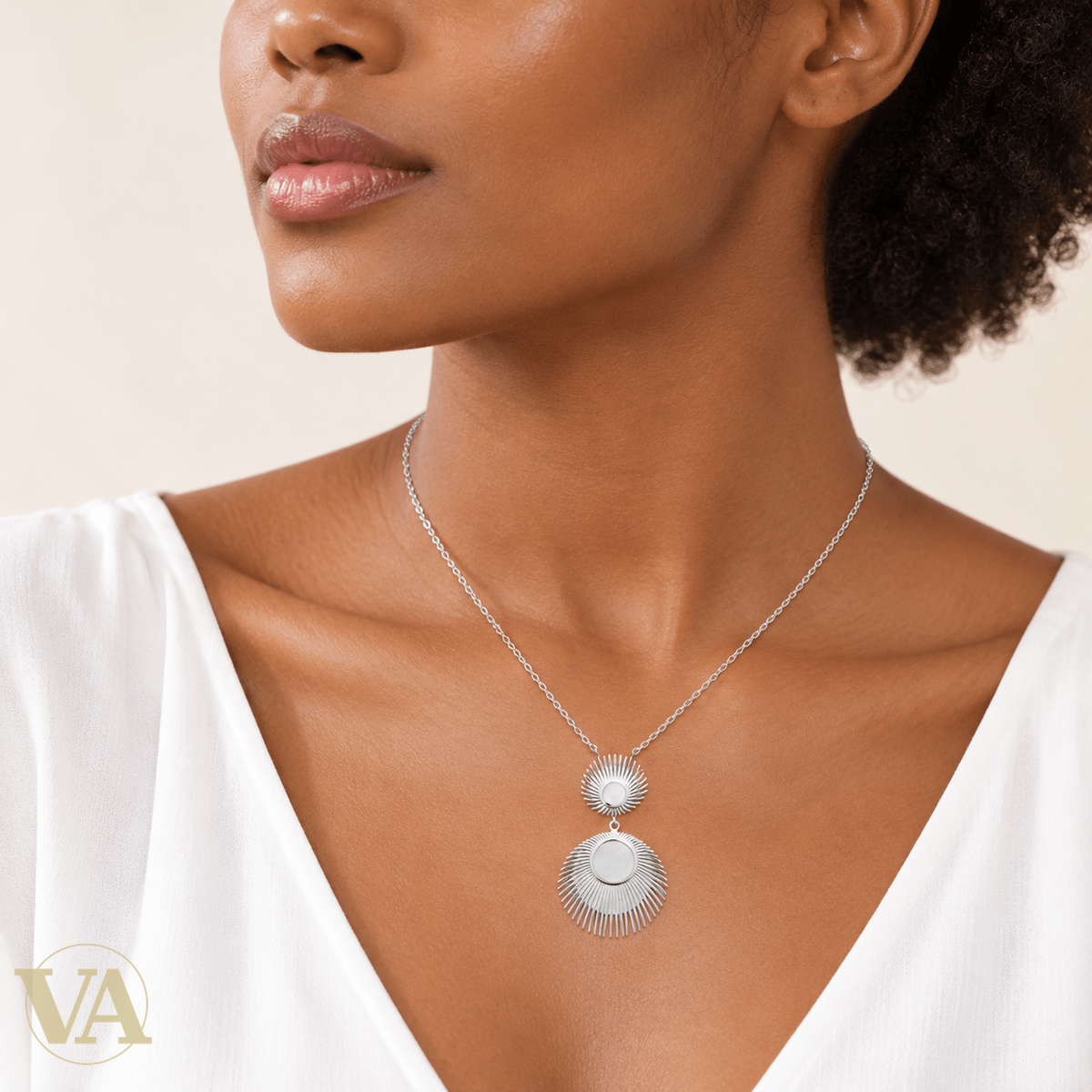 Collier femme argent 925 rhodié double soleil et nacre — 45 cm - Argent 925 - Vindicta