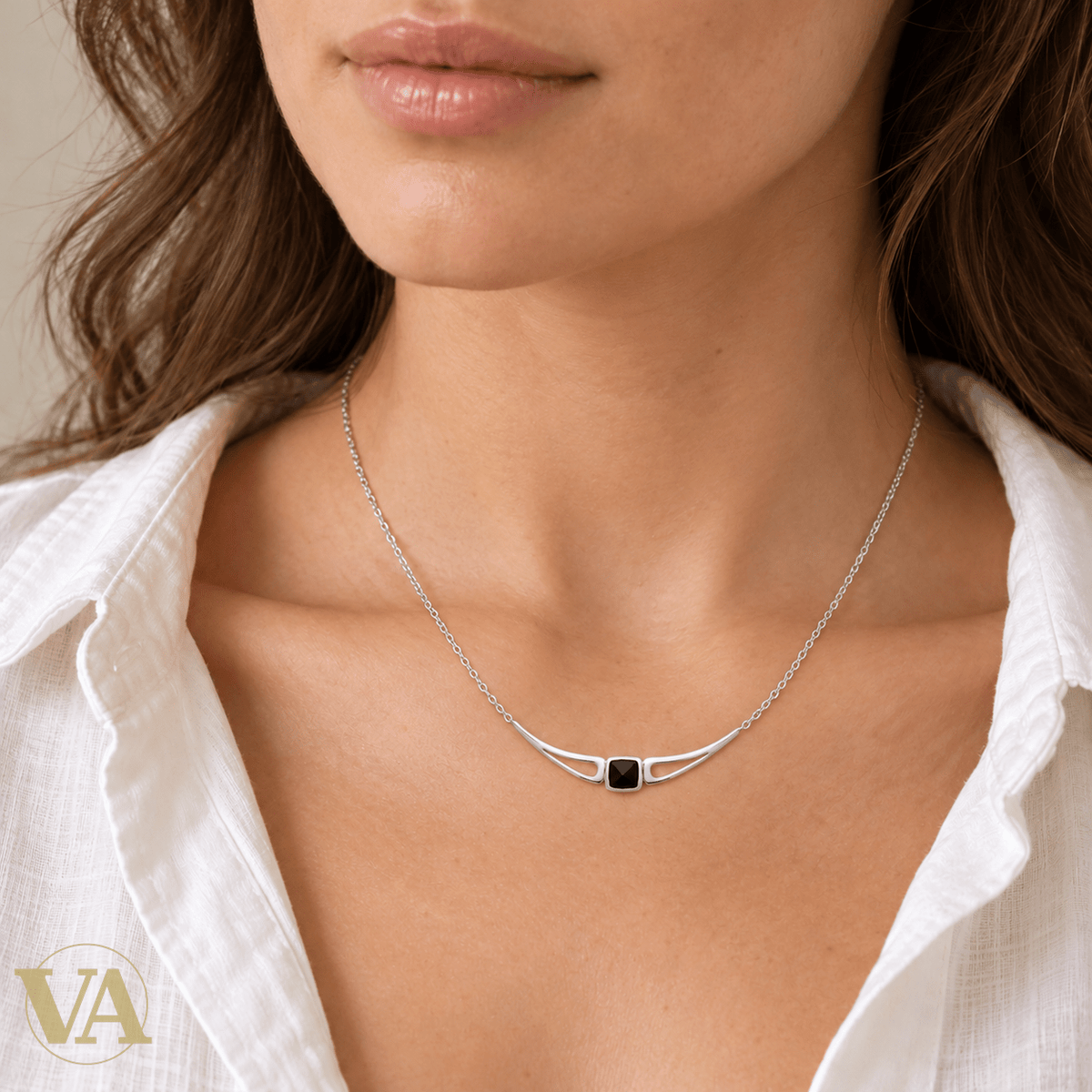 Collier femme argent 925 rhodié agate noire et courbes ajourées — 45 cm - Argent 925 - Vindicta