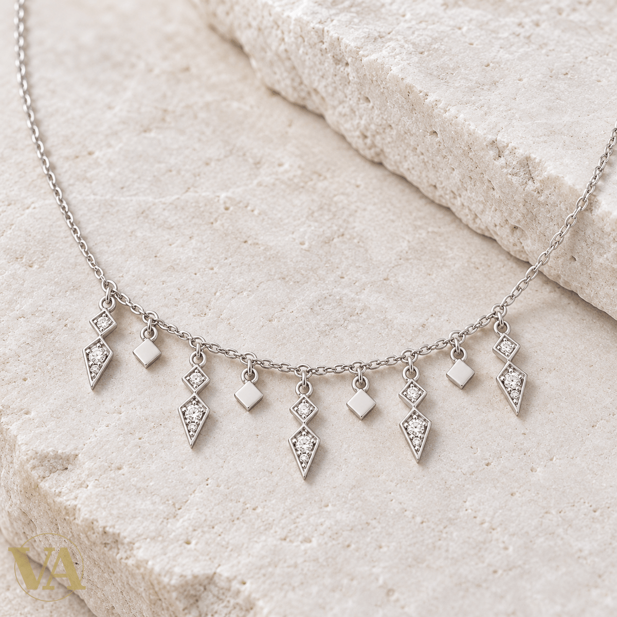 Collier femme argent 925 rhodié à pampilles géométriques et zirconiums — 45 cm - Argent 925 - Vindicta