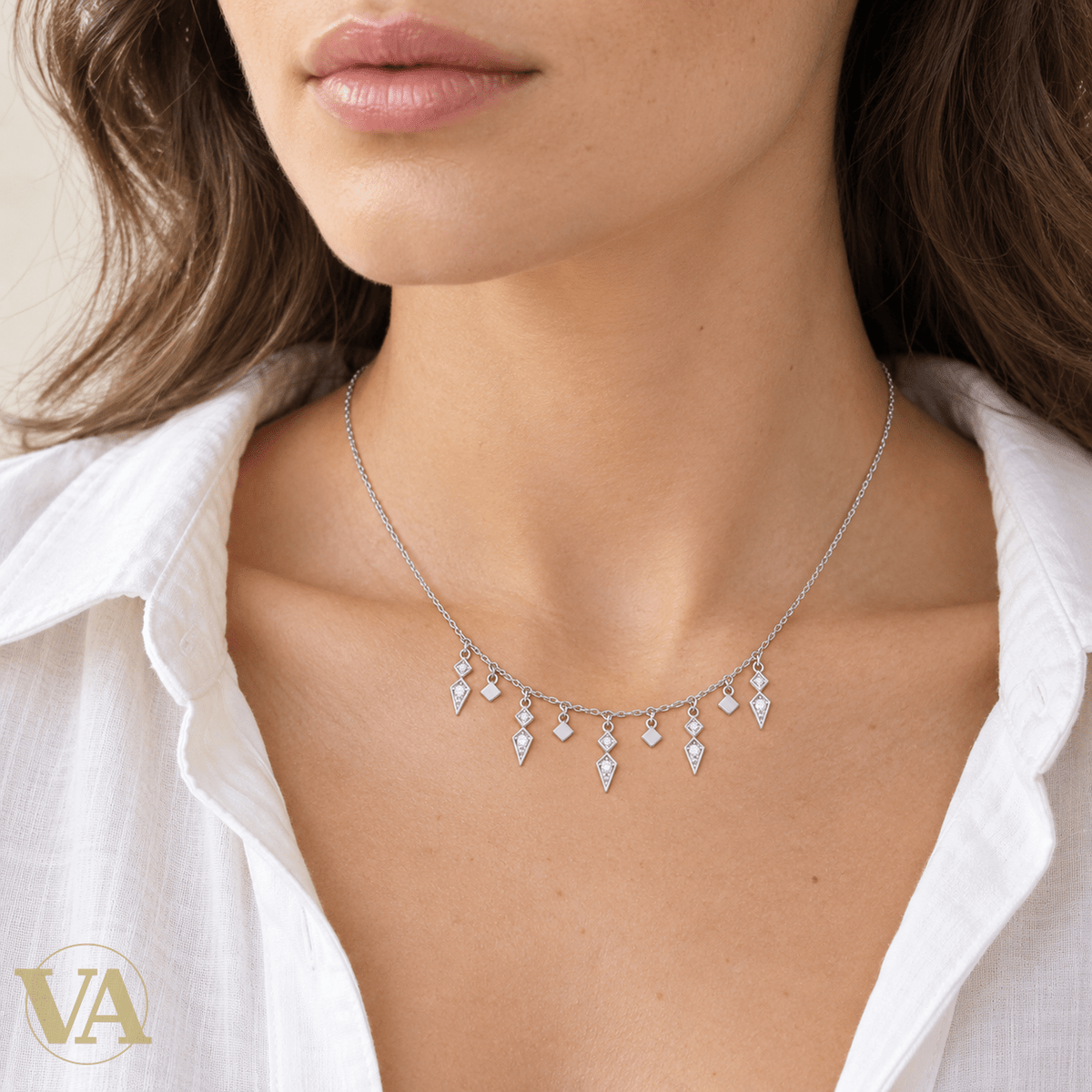 Collier femme argent 925 rhodié à pampilles géométriques et zirconiums — 45 cm - Argent 925 - Vindicta