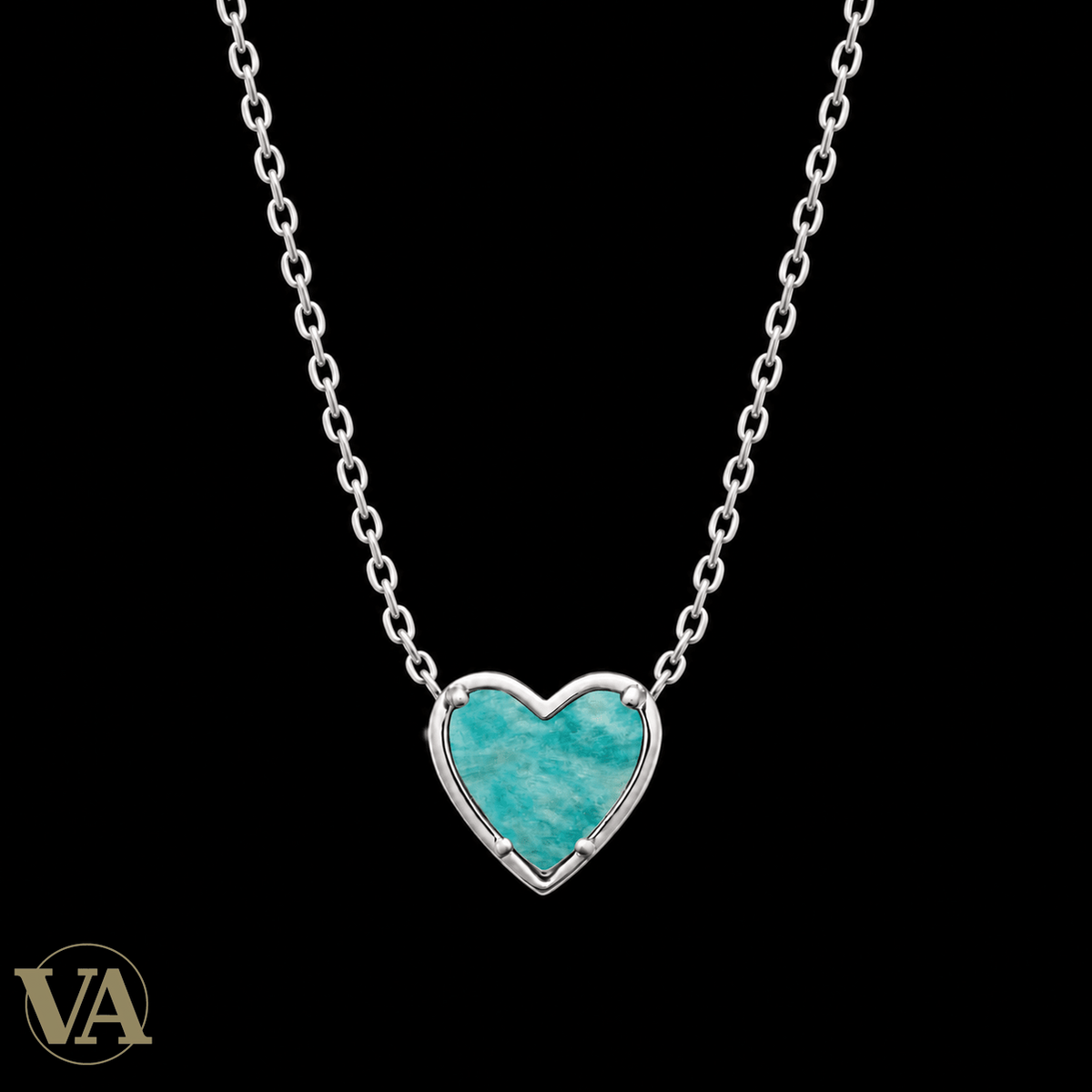 Collier femme argent 925 rhodié cœur amazonite — 45 cm - Argent 925 - Vindicta