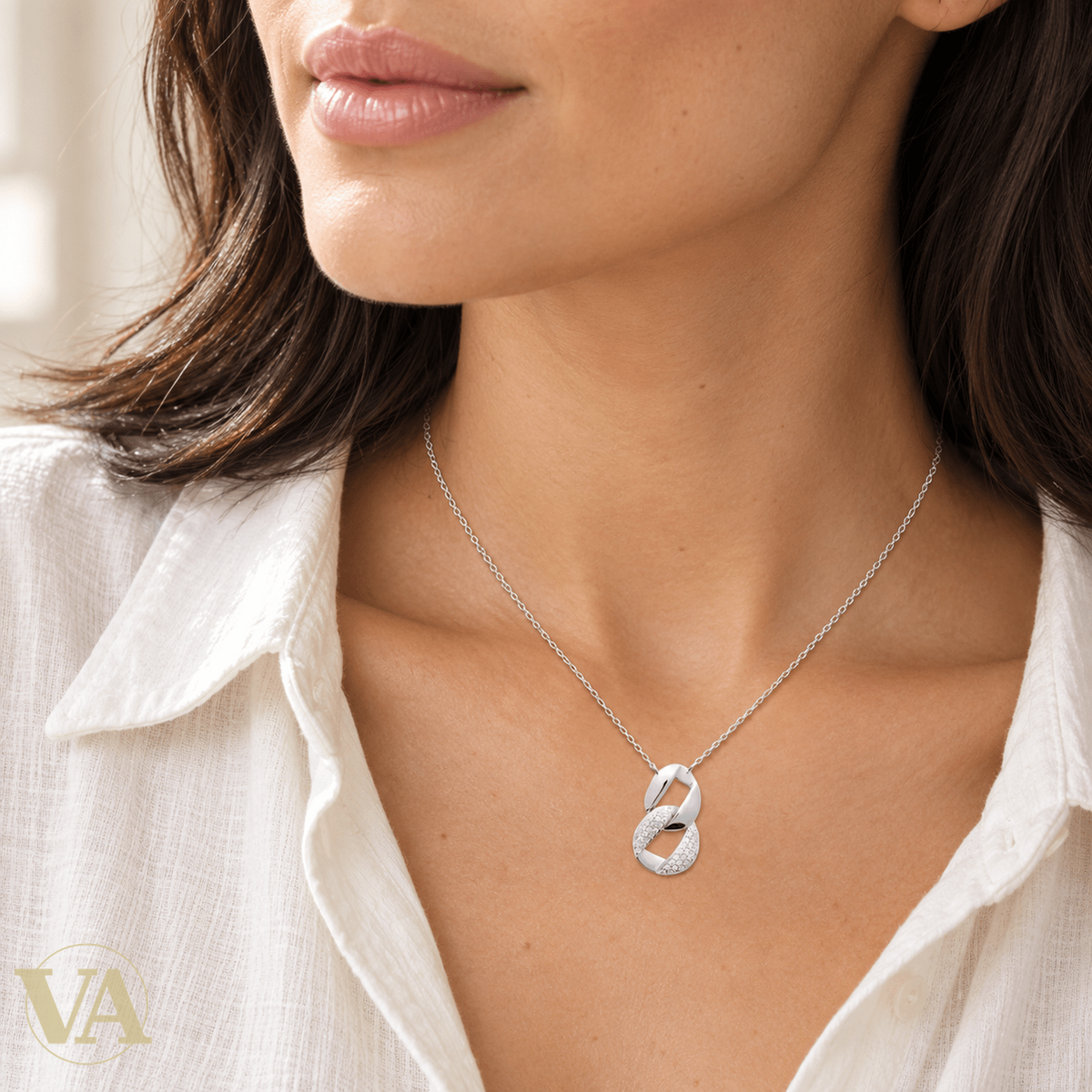 Collier femme argent 925 rhodié maillons entrelacés et zirconiums — 45 cm - Argent 925 - Vindicta