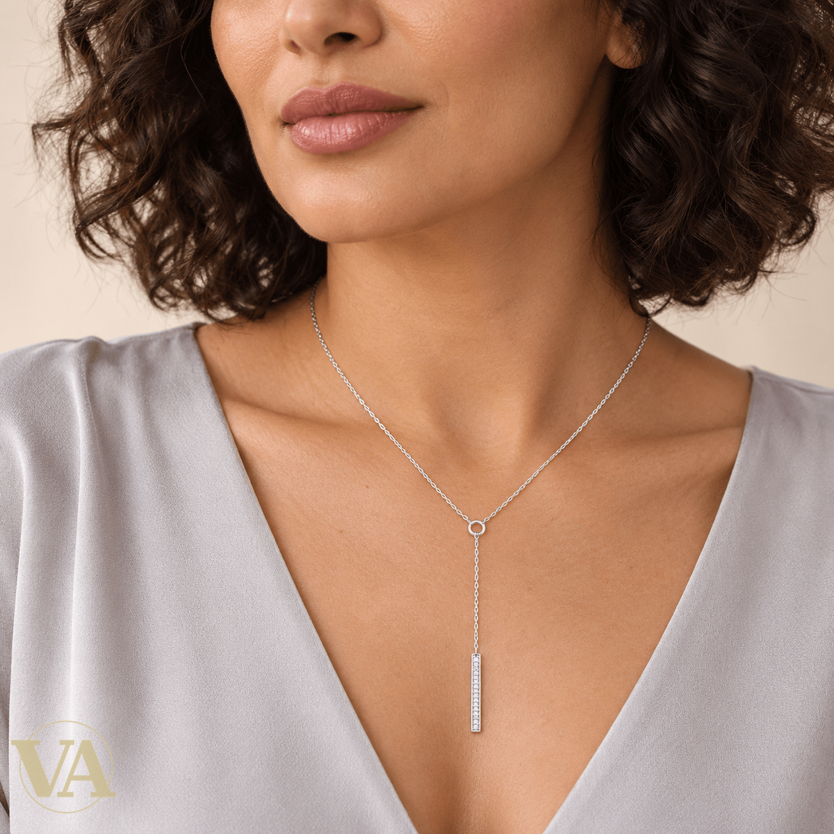 Collier femme argent 925 rhodié en Y à barre de zirconiums — 45 cm - Argent 925 - Vindicta
