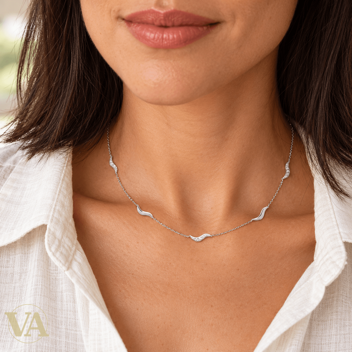 Collier femme argent 925 rhodié cinq vagues et zirconiums — 45 cm - Argent 925 - Vindicta