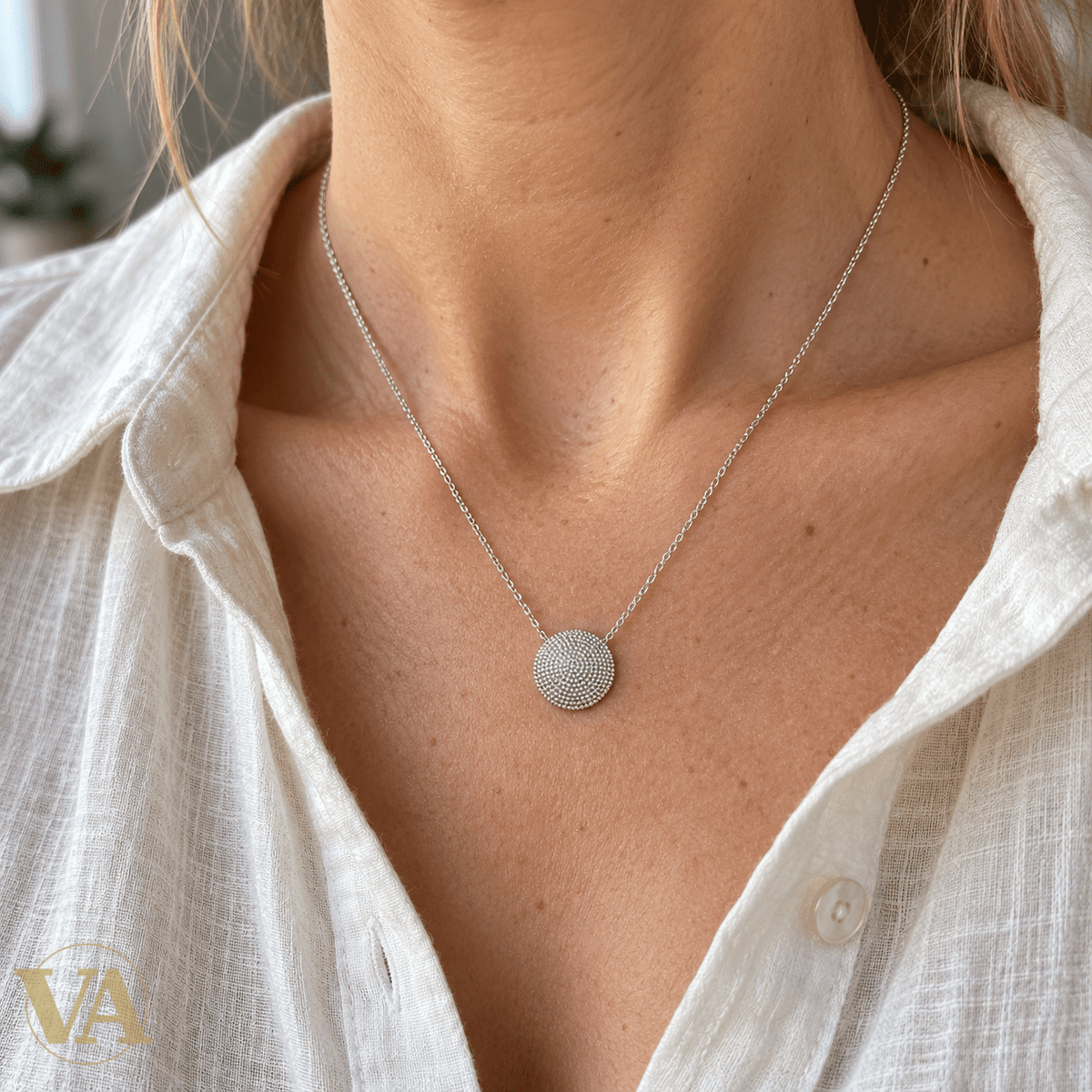 Collier Argent 925 Rhodié — Médaillon Rond Texturé - Argent 925 - Vindicta
