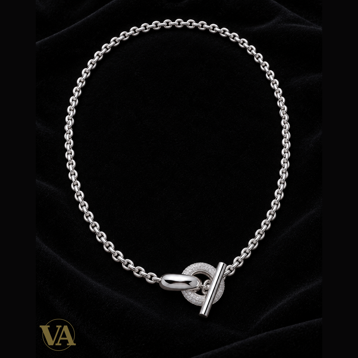 Collier argent 925, chaîne à maillons ronds et fermoir en T serti d'oxydes de zirconium