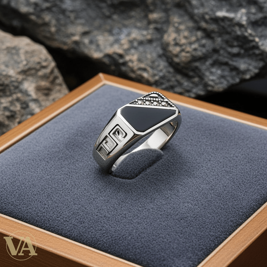 Chevalière Homme Argent 925 Onyx Noir Motif Ciselé Diagonale - Argent 925 - Vindicta