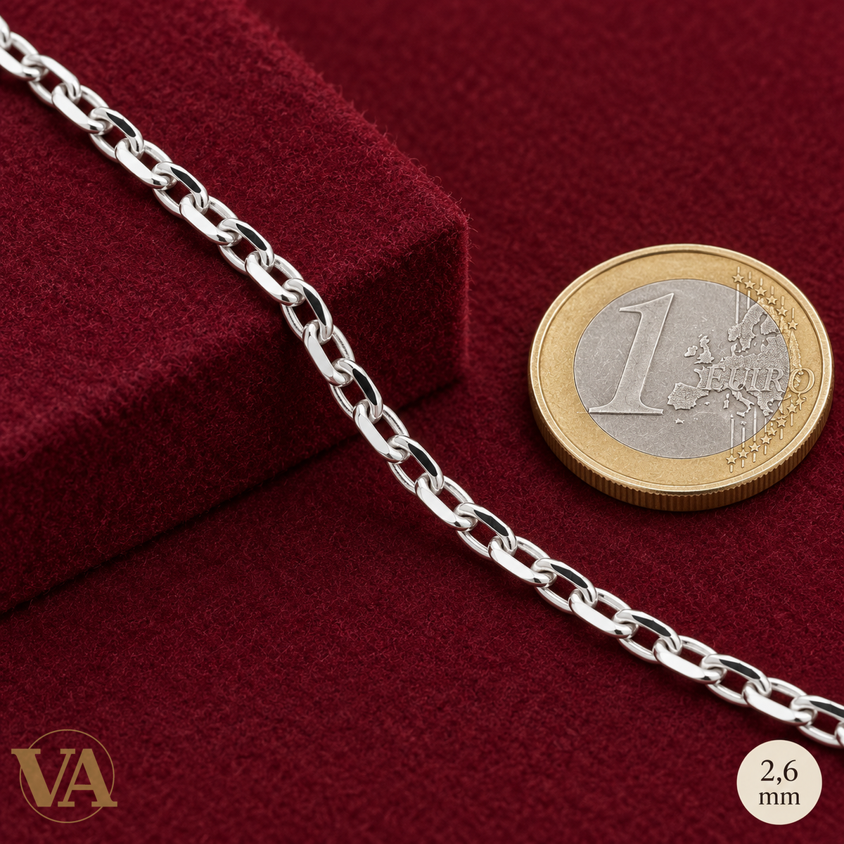 Chaîne Homme Argent 925 – Forçat diamantée 2,6 mm — détail de maille avec pièce de 1 euro