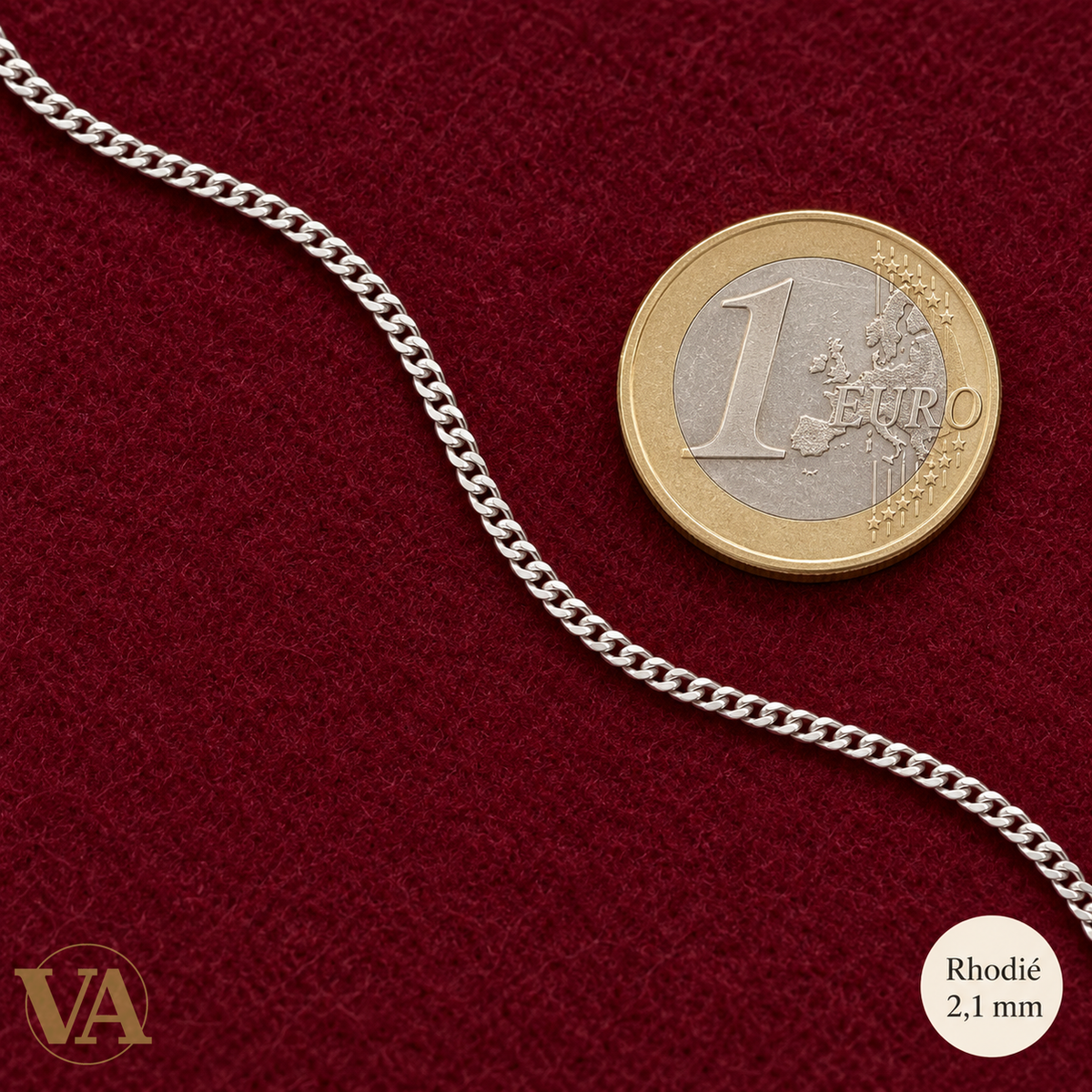 Chaîne Homme Argent 925 – Gourmette diamantée 4 faces rhodiée 2,1 mm — détail de maille avec pièce de 1 euro