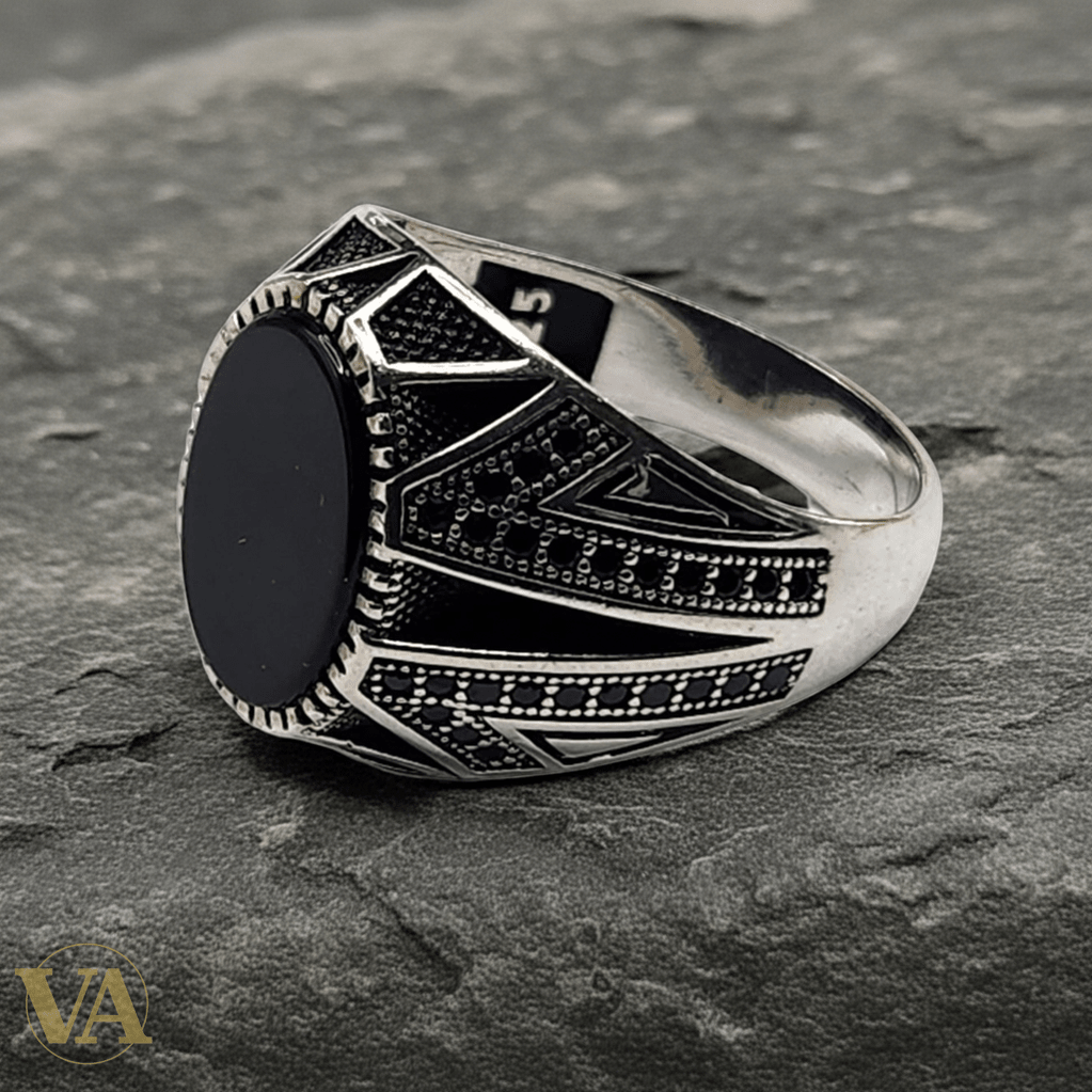 Bague Homme Argent 925 – Onyx noir cabochon ovale & design géométrique - Argent 925 - Vindicta