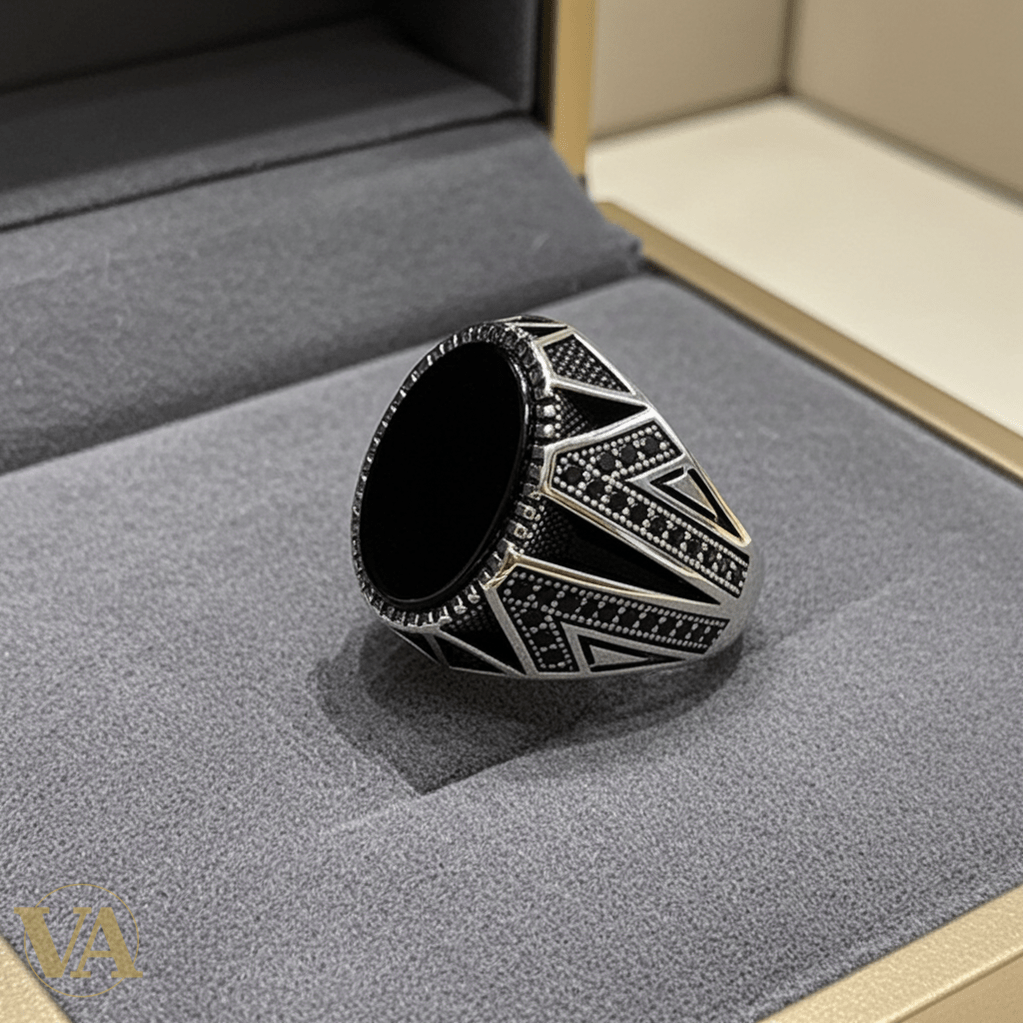 Bague Homme Argent 925 – Onyx noir cabochon ovale & design géométrique - Argent 925 - Vindicta