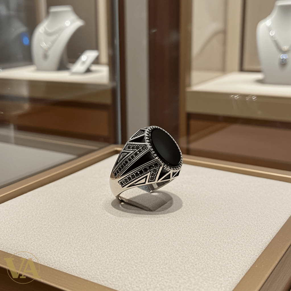 Bague Homme Argent 925 – Onyx noir cabochon ovale & design géométrique - Argent 925 - Vindicta