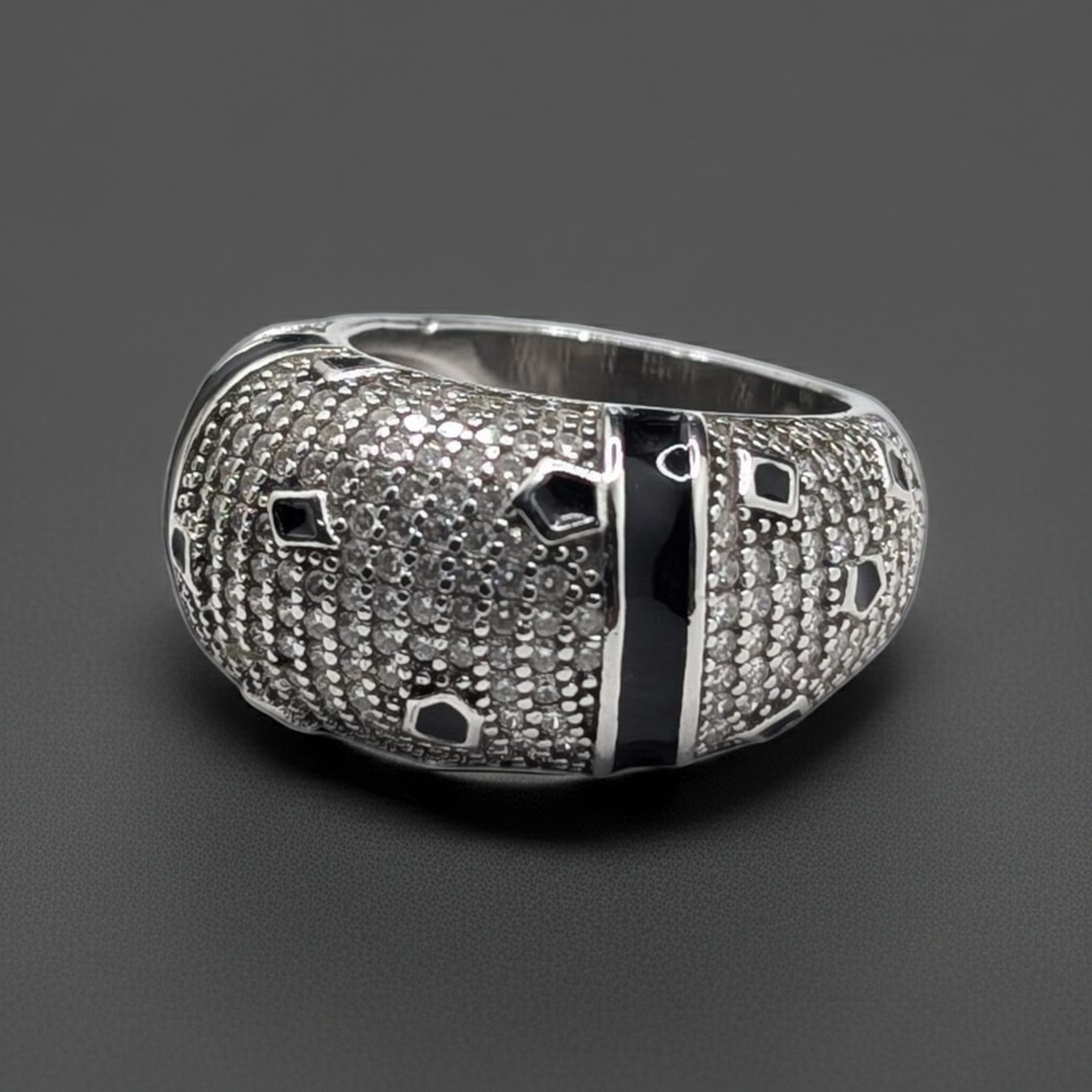 Bague Homme Argent 925 Dôme Pavé Zircons Onyx Noir