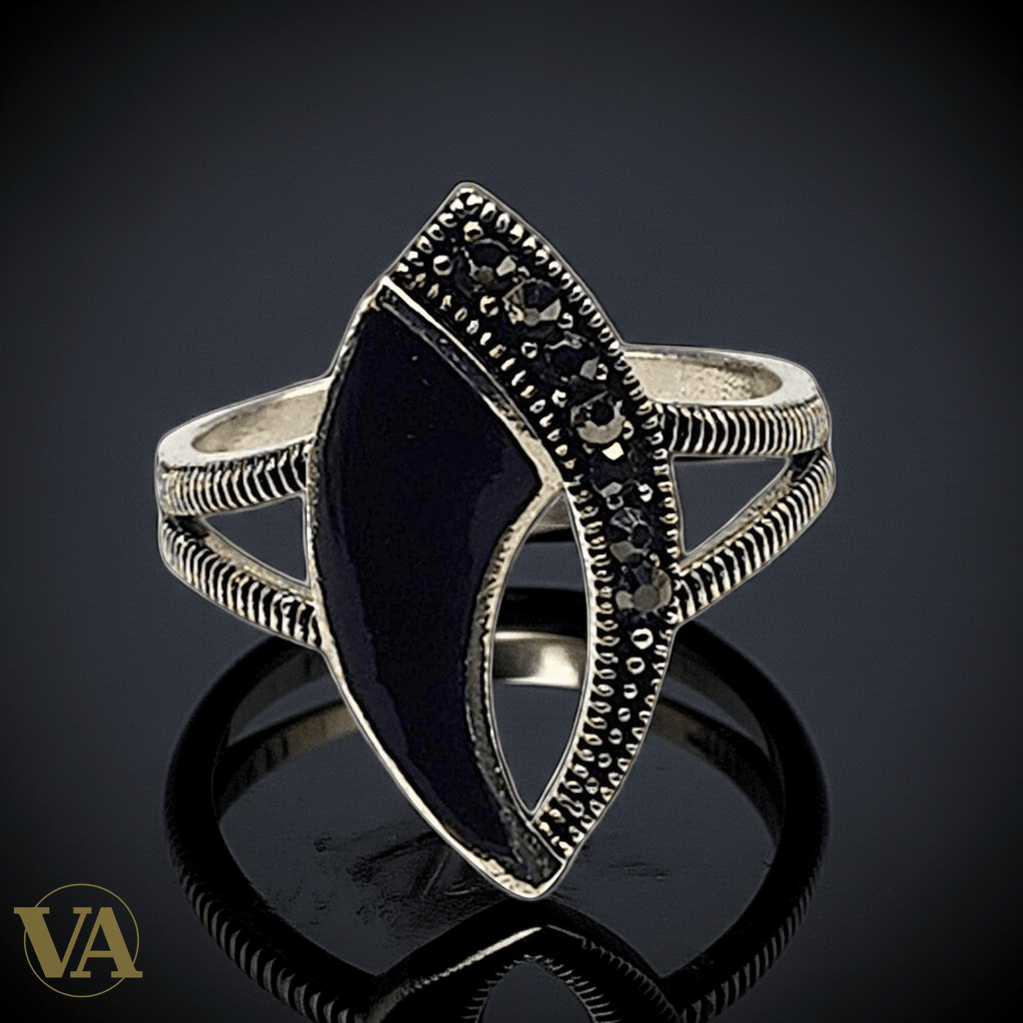 Bague Femme Argent 925 Onyx Noir Navette & Marcassites - Argent 925 - Vindicta