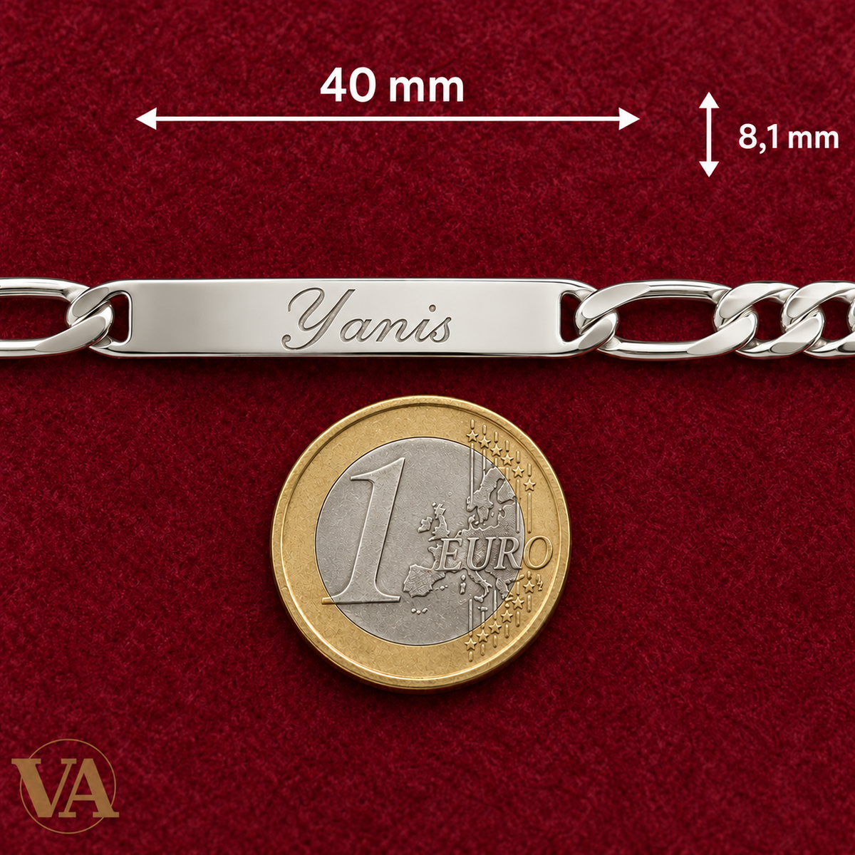 Gourmette argent 925 533008 — détail de la plaque près d’une pièce de 1 euro, prénom d’exemple — dimensions de la plaque en mm