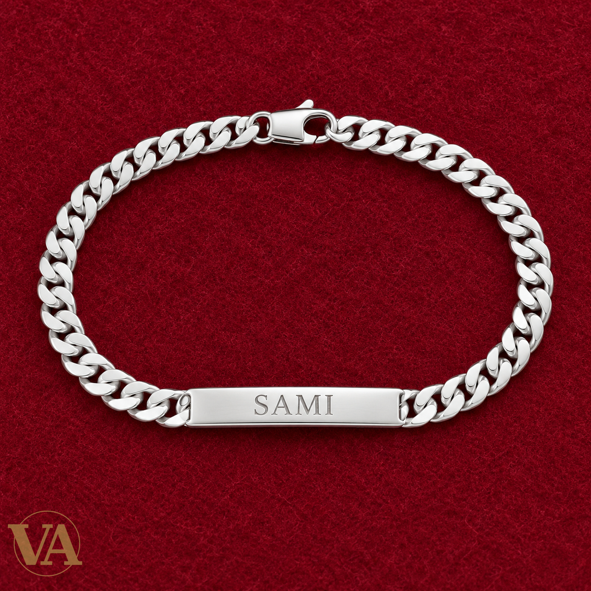 Gourmette homme argent 925 rhodié 21 cm — bracelet complet sur feutre bordeaux, prénom d’exemple