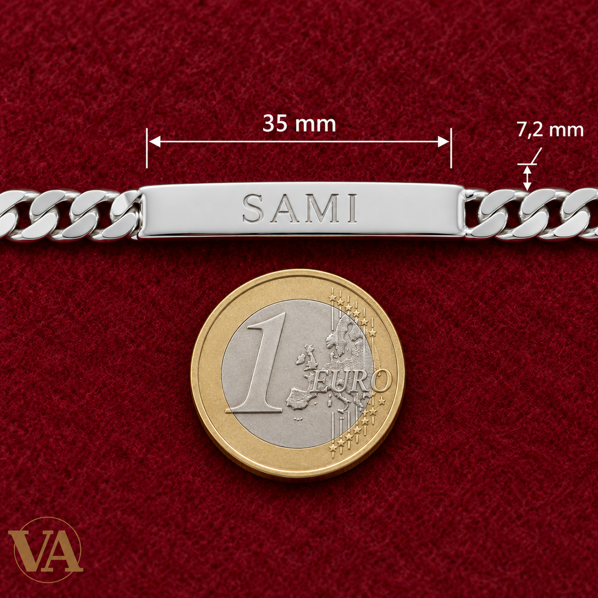 Gourmette homme argent 925 rhodié 21 cm — détail près d’une pièce de 1 euro, prénom d’exemple — dimensions de la plaque en mm