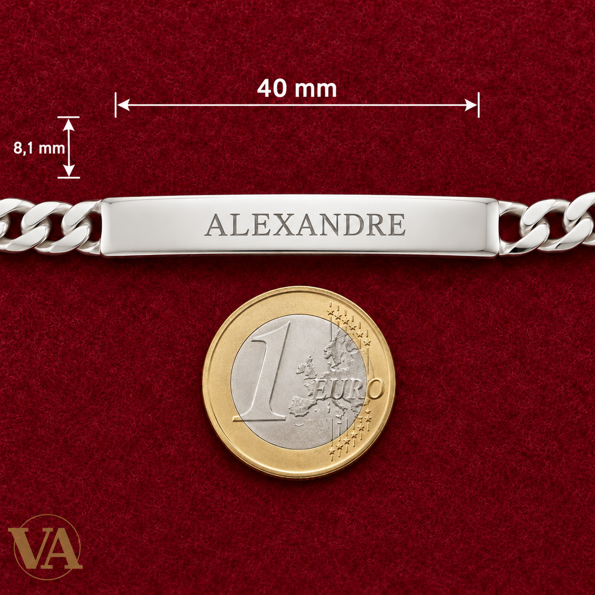 Gourmette argent 925 rhodié détail avec pièce de 1 euro, prénom d’exemple — dimensions de la plaque en mm