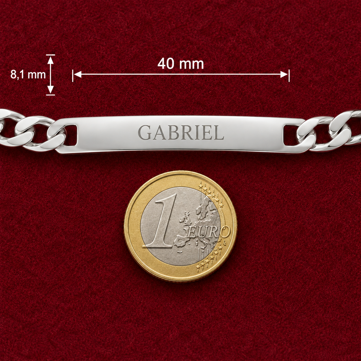 Gourmette Figaro argent 925 rhodié 21 cm détail avec pièce de 1 euro, prénom d’exemple — dimensions de la plaque en mm