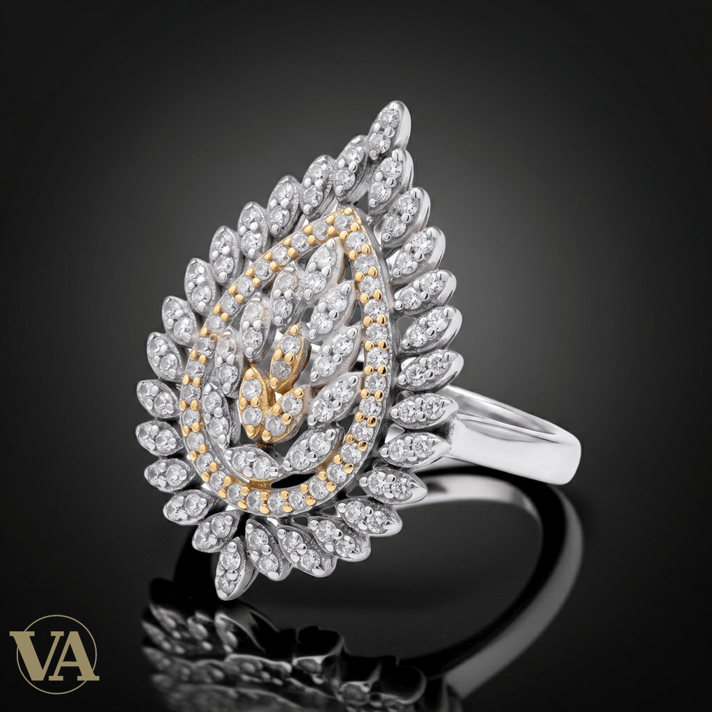 Bague Femme Argent 925 Goutte Pavé Zircons Pétales Bicolore - Argent 925 - Vindicta