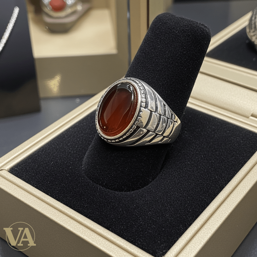 Chevalière Homme Argent 925 Cornaline Cabochon Ovale Monture Striée - Argent 925 - Vindicta