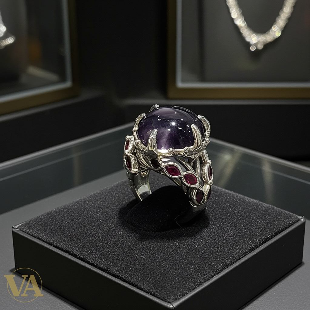 Bague Femme argent 925 cabochon Améthyste et pierres rouges/vertes-Vindicta : Bijoux Argent 925 Massif, Luxe et Héritage