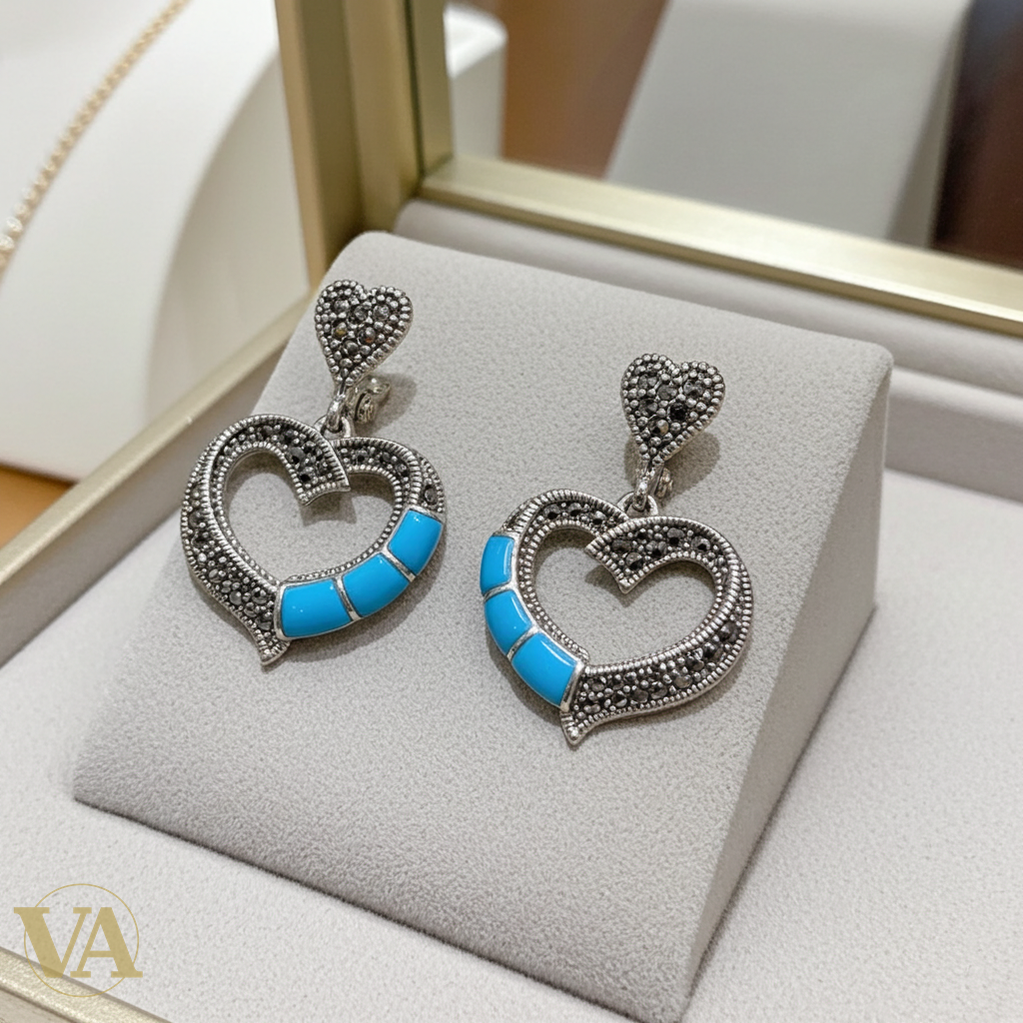 Boucles d'Oreilles Femme Argent 925 Cœur Turquoise et Marcassite-Vindicta : Bijoux Argent 925 Massif, Luxe et Héritage