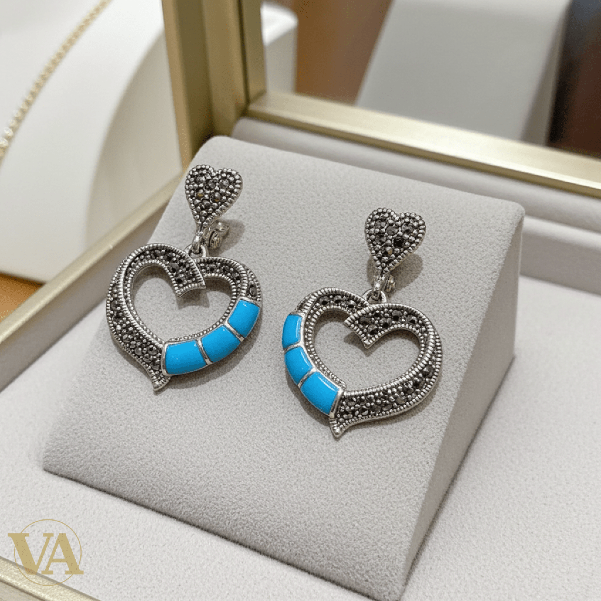 Boucles d'Oreilles Femme Argent 925 Cœur Turquoise et Marcassite - Argent 925 - Vindicta