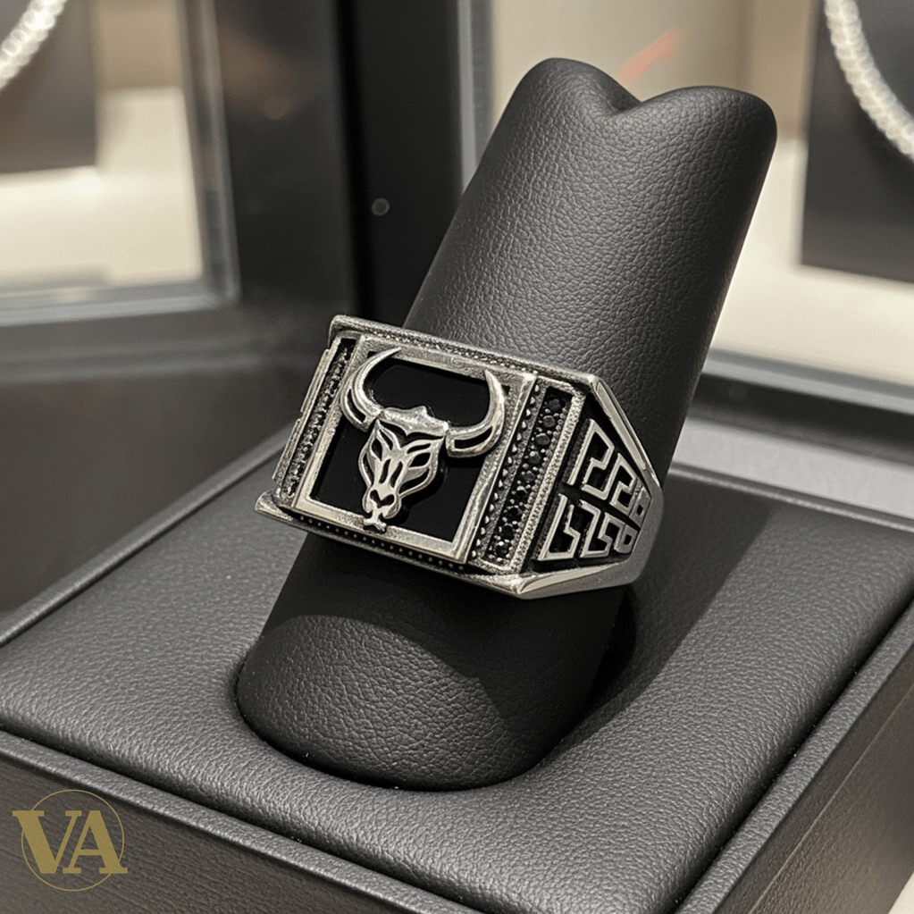 Bague Homme en Argent 925 & Onyx Noir – Tête de Taureau - Argent 925 - Vindicta
