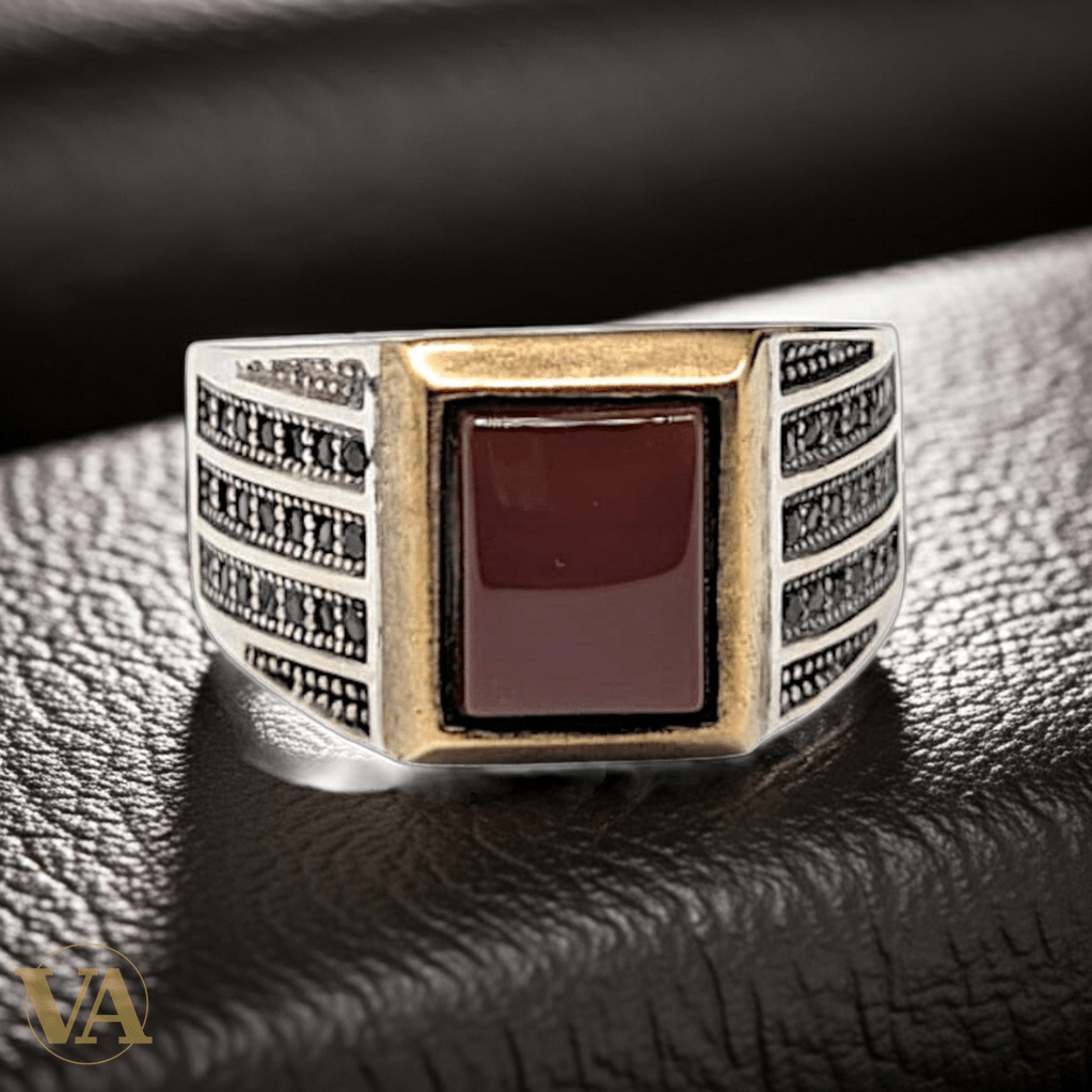 Bague homme argent 925 – Cornaline Rouge & Marcassite Art Déco - Argent 925 - Vindicta