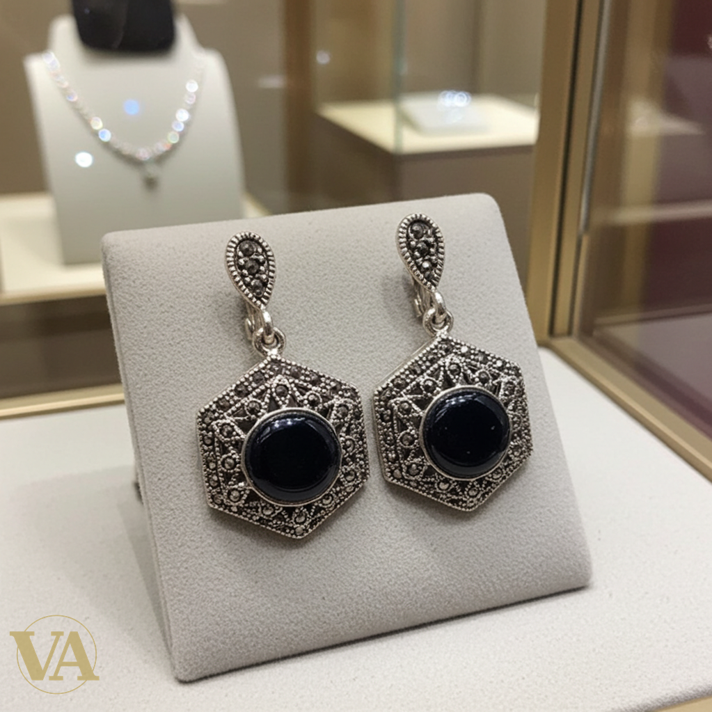 Boucles d'Oreilles Femme Argent 925 Onyx et Marcassite Art Déco-Vindicta : Bijoux Argent 925 Massif, Luxe et Héritage