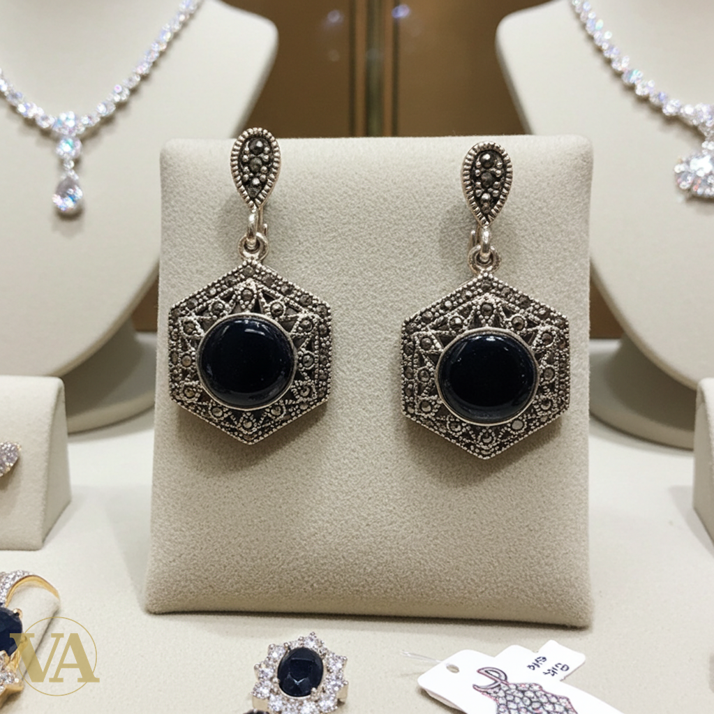 Boucles d'Oreilles Femme Argent 925 Onyx et Marcassite Art Déco-Vindicta : Bijoux Argent 925 Massif, Luxe et Héritage
