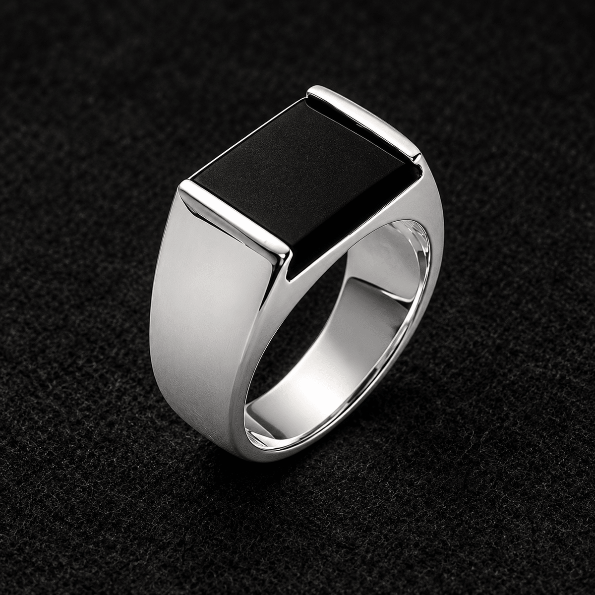 Chevalière homme argent 925 rhodié — Rectangle noir - Argent 925 - Vindicta