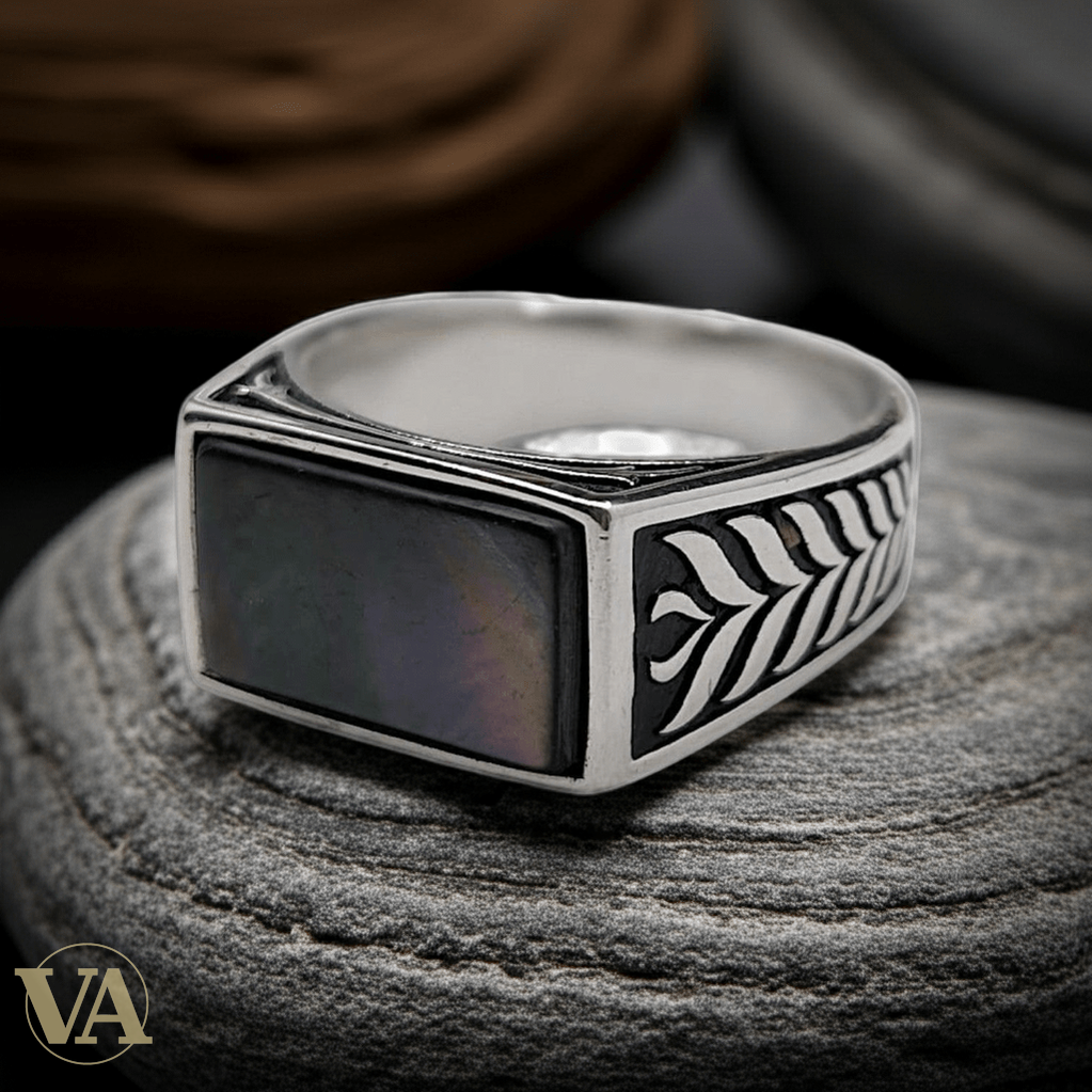 Chevalière Homme Argent 925 Nacre Gris Anthracite Motif Épi de Blé - Argent 925 - Vindicta