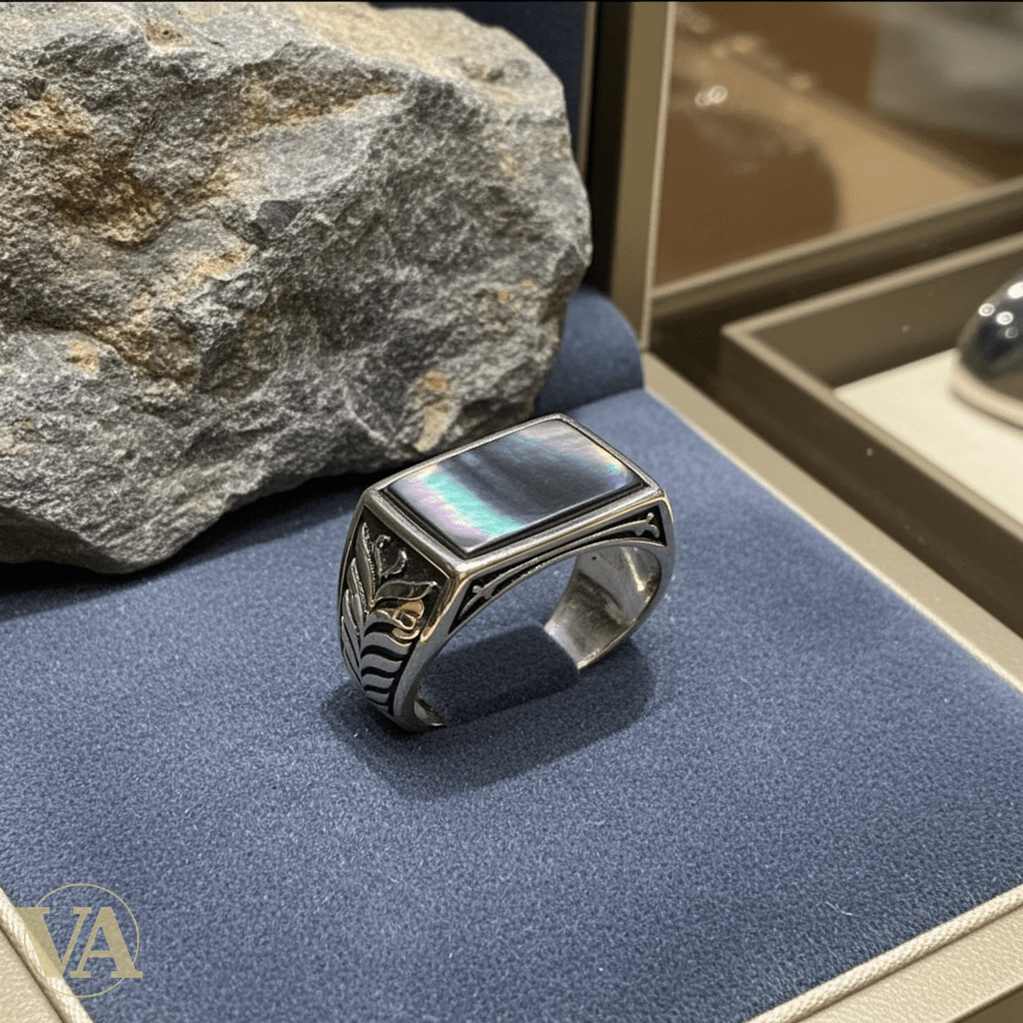 Chevalière Homme Argent 925 Nacre Gris Anthracite Motif Épi de Blé - Argent 925 - Vindicta