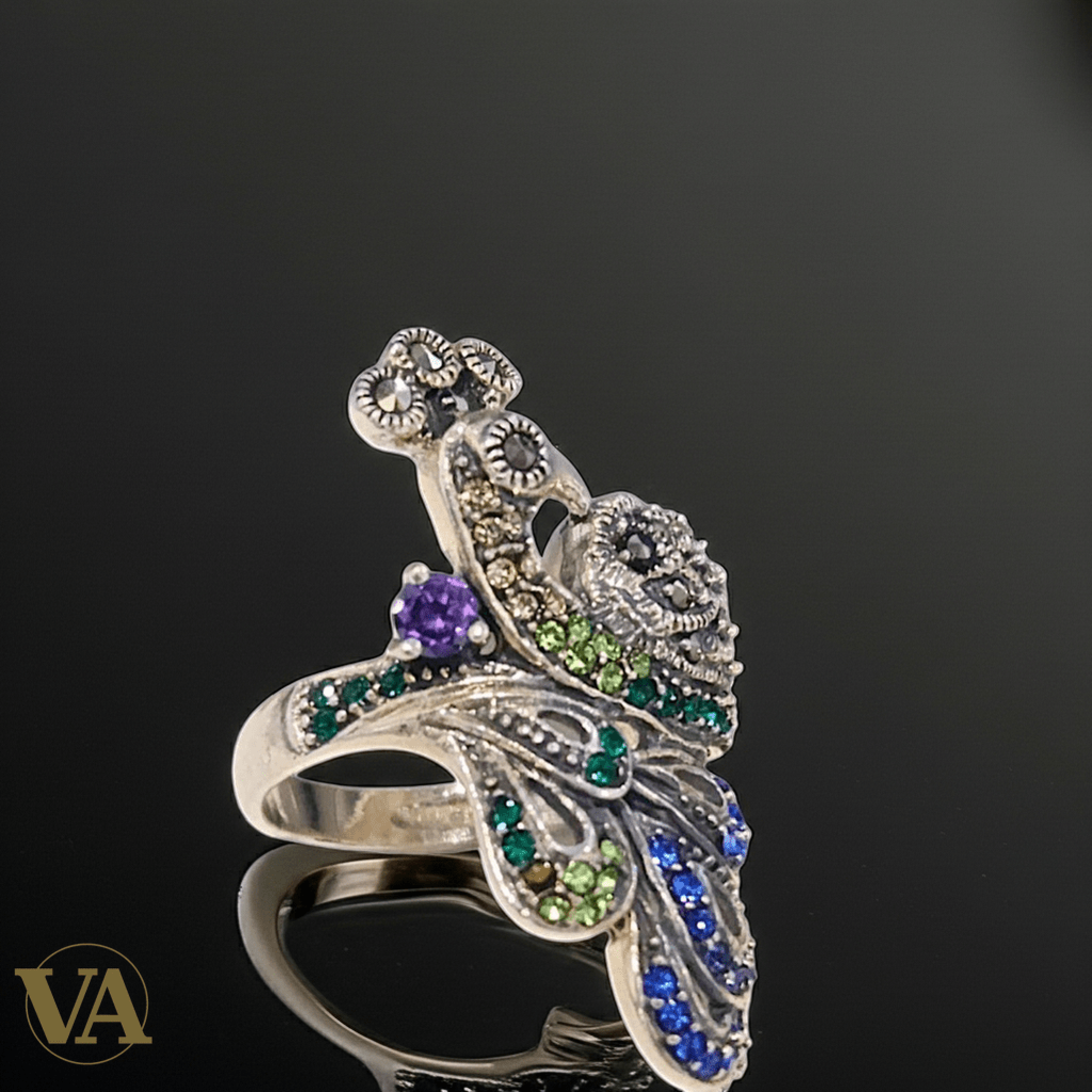 Bague Femme Argent 925 Paon Marcassites & Pierres - Argent 925 - Vindicta
