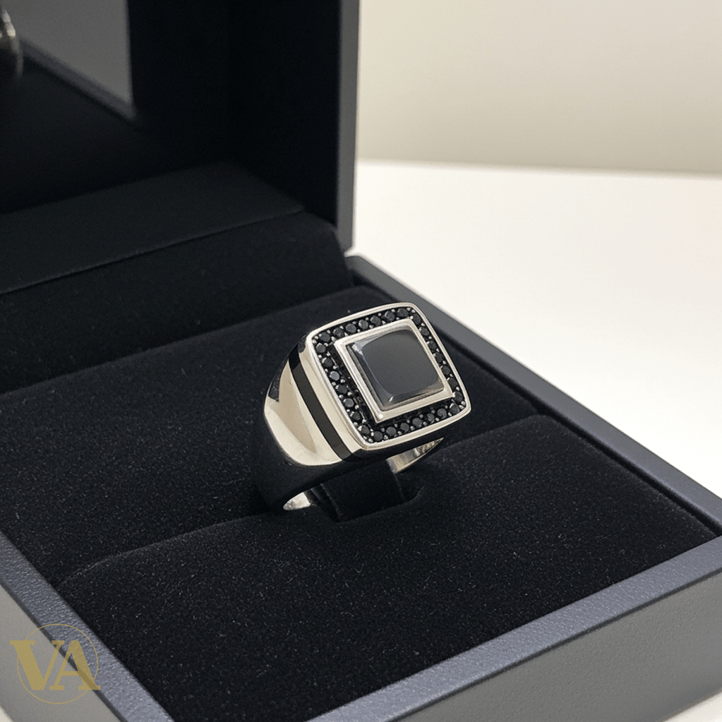 Bague homme argent 925 agate grise & pierres noires - Argent 925 - Vindicta